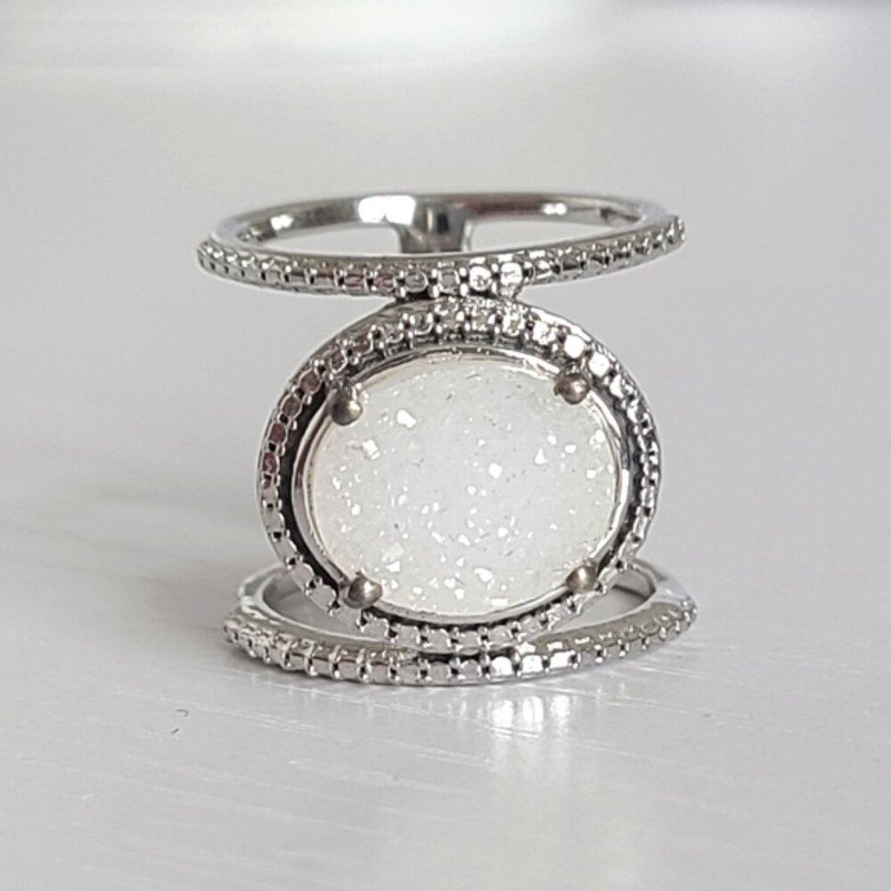 Vintage Chunky Oval White Druzy Quartz Crystal Wide Cocktail Statement Ring